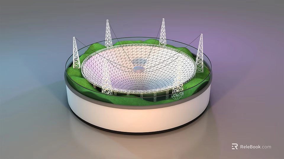 Circular Display Shelves With Grid Structure And Green Grass Surrounding Support Towers 3d model