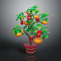 Potted Plant with Green Leaves Orange Fruits and Red Lantern Decorations in Red Pot