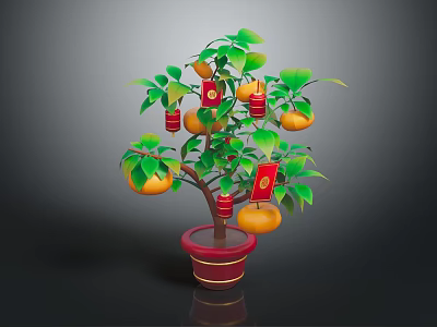 Potted Plant with Green Leaves Orange Fruits and Red Lantern Decorations in Red Pot 3d model
