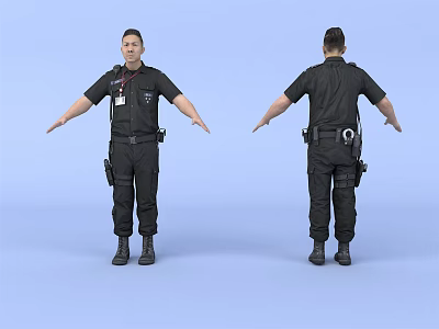 Man in Black Security Uniform With Badge Radio and Equipment Belt Front and Back Views 3d model