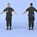 Man in Black Security Uniform With Badge Radio and Equipment Belt Front and Back Views
