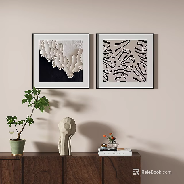 Abstract Paintings On Wall With Textured Patterns And Living Room Decor Elements 3d model