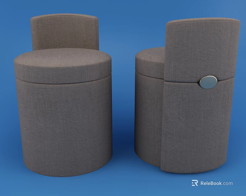 Gray Round Upholstered Ottoman Stools With Decorative Metal Button For Living Room 3d model 
