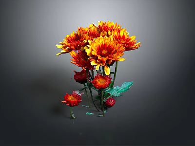 Bouquet of Orange and Red Chrysanthemums in Transparent Vase Against Dark Background 3d model