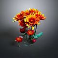 Bouquet of Orange and Red Chrysanthemums in Transparent Vase Against Dark Background
