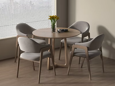 Comfortable Gray Accent Chairs Around Round Wooden Table With Yellow Flower Vase On Wooden Floor 3d model