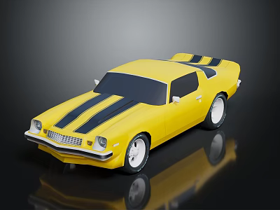 Classic Yellow Two Door Muscle Car Exterior With Black Stripes And White Wheels 3d model