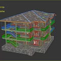 Rustic Multi Story Building With Wooden Balconies Stone Base And Sloped Roof