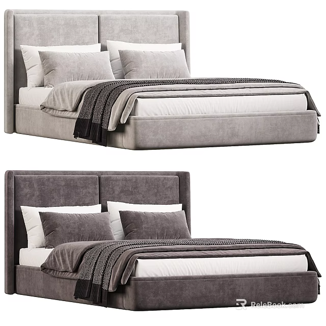 Elegant Modern Gray Upholstered Double Bed With Soft Pillows And Throw Blanket 3d model
