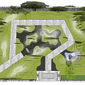 Garden Landscape Design With White Brick Wall And Lush Green Trees