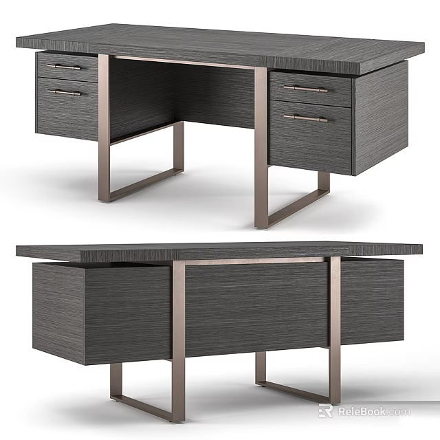 Modern Wooden Desk With Metal Frame And Functional Storage Drawers 3d model 
