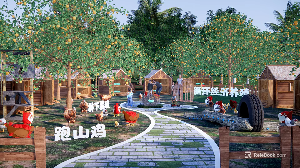 Circular Economy Farming Area With Free Range Chickens Small Wooden Sheds And Green Trees 3d model 