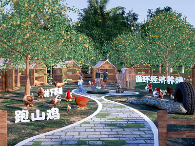 Circular Economy Farming Area With Free Range Chickens Small Wooden Sheds And Green Trees 3d model