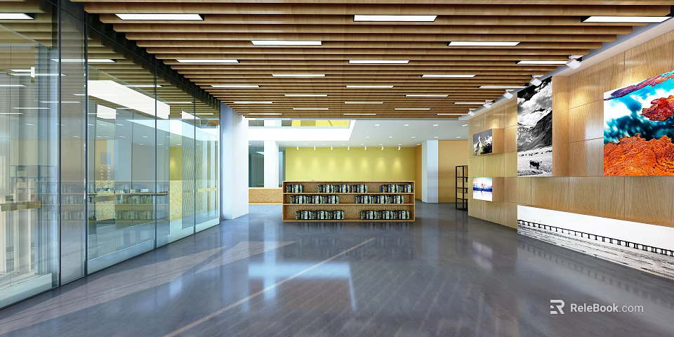 Bright Modern Office Hallway Interior With Glass Walls Wooden Ceiling And Bookshelves 3d model 