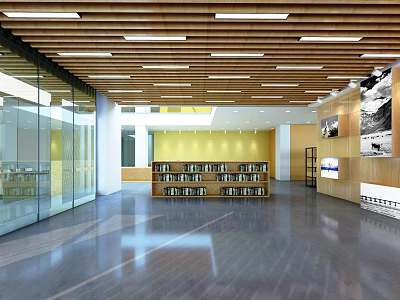 Bright Modern Office Hallway Interior With Glass Walls Wooden Ceiling And Bookshelves 3d model