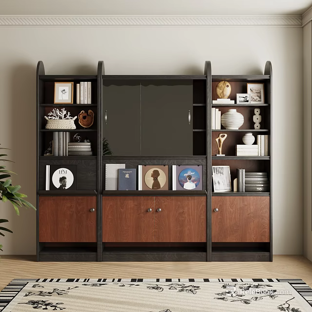 Modern Bookcase Design With Dark Frame Wooden Cabinet Doors Mirror Framed Photos Books And Sculptures 3d model 