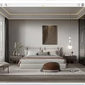 Modern Bedroom Interior Design With Bed Bedside Tables Pendant Lights Decorative Painting And Glass Wardrobe