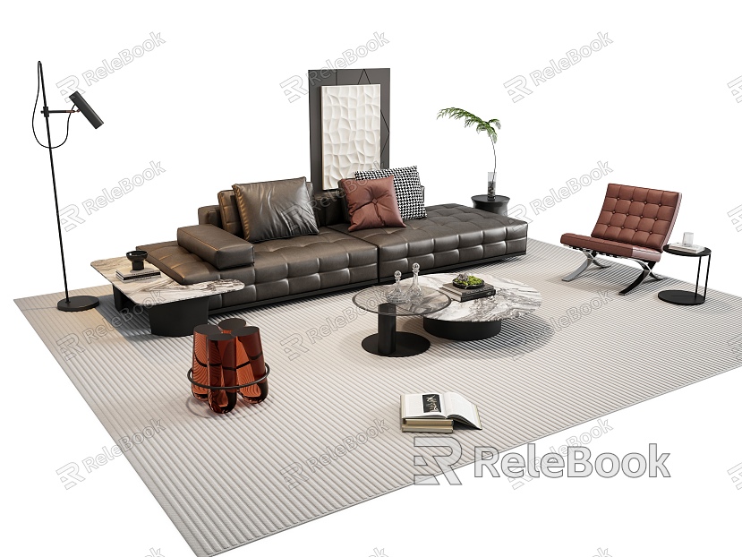 Modern Italian Sofa Coffee Table Combination Leather Sofa Leisure Chair Floor Lamp Decorative Painting model