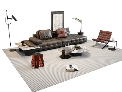 Modern Italian Sofa Coffee Table Combination Leather Sofa Leisure Chair Floor Lamp Decorative Painting model