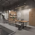 Modern Industrial Office Featuring Concrete Walls Wooden Partition Meeting Table Gray Chairs Plants And Windows