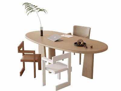 Modern Oval Wooden Desk With Laptop Notebook Green Plant Tray And Chairs 3d model