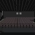 Modern Cinema Interior With Comfortable Seats Stairs Ceiling Lighting And Curved Wall Decor