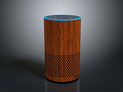 Wooden Cylindrical Smart Speaker With Blue Ring Light And Mesh Grille 3d model