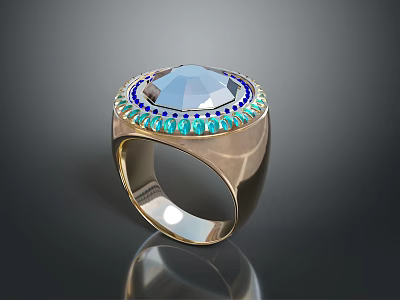 Fashionable Gold Ring With Large Blue Gemstone And Inlaid Small Turquoise Stones 3d model