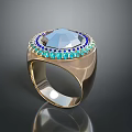 Fashionable Gold Ring With Large Blue Gemstone And Inlaid Small Turquoise Stones