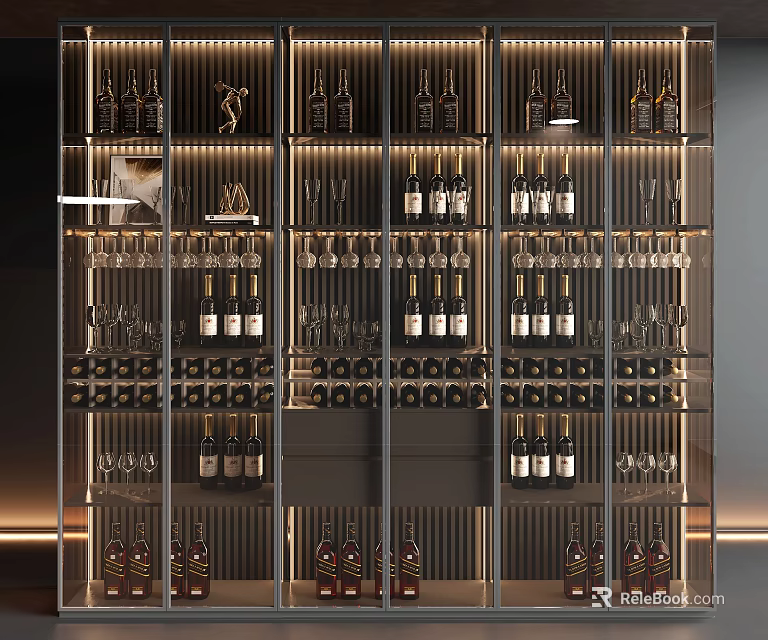 Sleek Modern Wine Cabinet With Glass Doors Wine Bottles And Hanging Wine Glasses 3d model 
