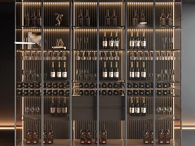 Sleek Modern Wine Cabinet With Glass Doors Wine Bottles And Hanging Wine Glasses 3d model