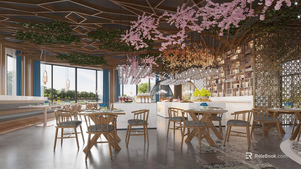 Modern Restaurant Interior With Geometric Ceiling Pink Cherry Blossoms Chandeliers And Wooden Tables Chairs 3d model 