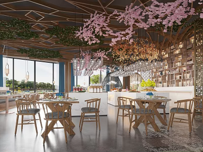 Modern Restaurant Interior With Geometric Ceiling Pink Cherry Blossoms Chandeliers And Wooden Tables Chairs 3d model