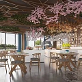 Modern Restaurant Interior With Geometric Ceiling Pink Cherry Blossoms Chandeliers And Wooden Tables Chairs