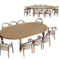 Modern Wooden Oval Dining Table Set With Armchairs And Light Seats 3d model