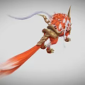 Game and Movie Mythical Creature Character With Red Fur Golden Horned Armor And Long Tail