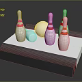 Bowling Pins And Ball Display On White Platform With Red Stripes