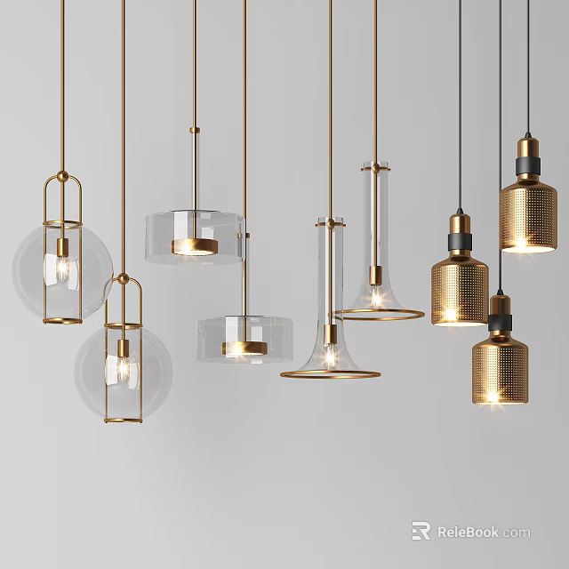 Modern Stylish Pendant Lights With Metal Frames Glass Shades And Gold Accents 3d model 