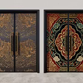 Traditional Double Doors With Golden Dragon And Intricate Red Gold Patterns Black Frames