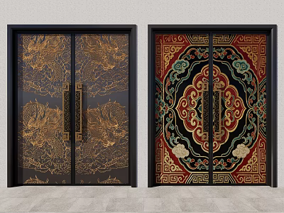 Traditional Double Doors With Golden Dragon And Intricate Red Gold Patterns Black Frames 3d model