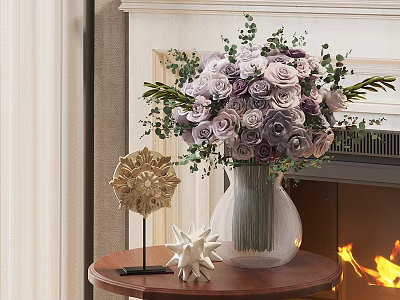 Purple and White Roses in Glass Vase with Green Leaves on Small Table by Fireplace with Star Decor 3d model