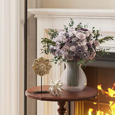 Purple and White Roses in Glass Vase with Green Leaves on Small Table by Fireplace with Star Decor 3d model