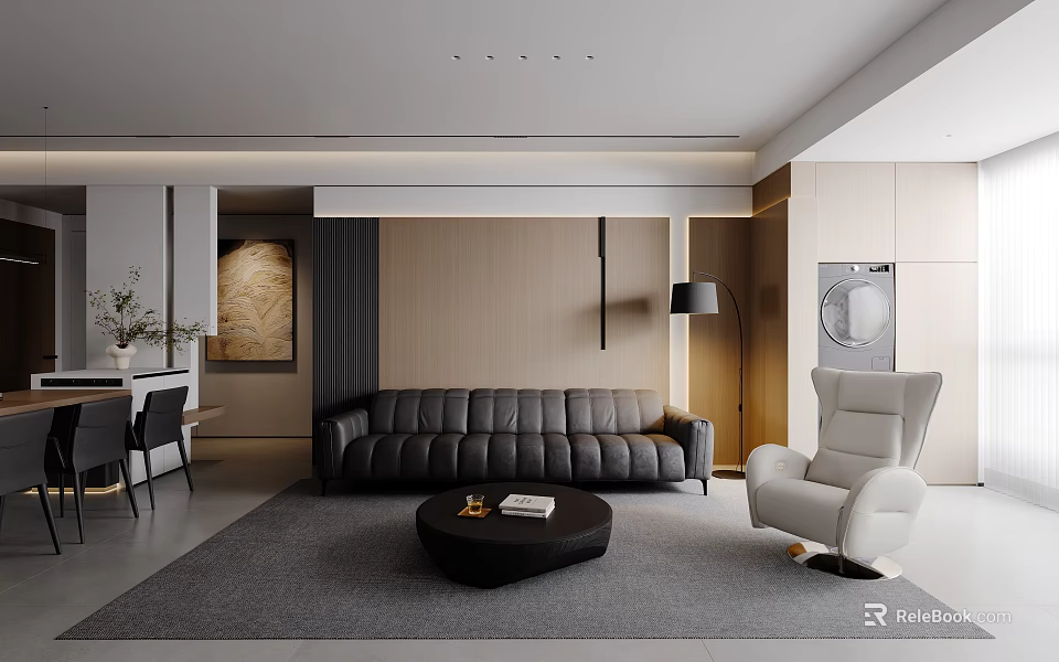 Modern Living and Dining Room Interior With Leather Sofa Coffee Table Dining Chairs and Wall Artwork 3d model 