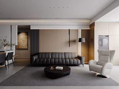 Modern Living and Dining Room Interior With Leather Sofa Coffee Table Dining Chairs and Wall Artwork 3d model