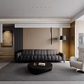 Modern Living and Dining Room Interior With Leather Sofa Coffee Table Dining Chairs and Wall Artwork