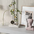 Elegant Decorative Ornament Combination With Green Plant Glass Vase Clock Books And Abstract Sculptures