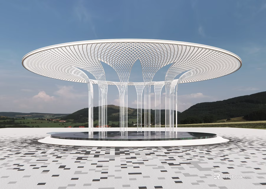 Modern Circular Pergola with Lattice Top White Columns Patterned Paving Blue Sky and Distant Mountains 3d model 