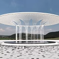 Modern Circular Pergola with Lattice Top White Columns Patterned Paving Blue Sky and Distant Mountains