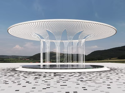 Modern Circular Pergola with Lattice Top White Columns Patterned Paving Blue Sky and Distant Mountains 3d model