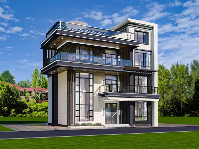 Modern Detached Villa With Multiple Balconies Large Glass Windows Green Lawn And Trees 3d model